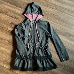 Matilda Jane zip up hoodie ruffle bottom size Medium gray and floral